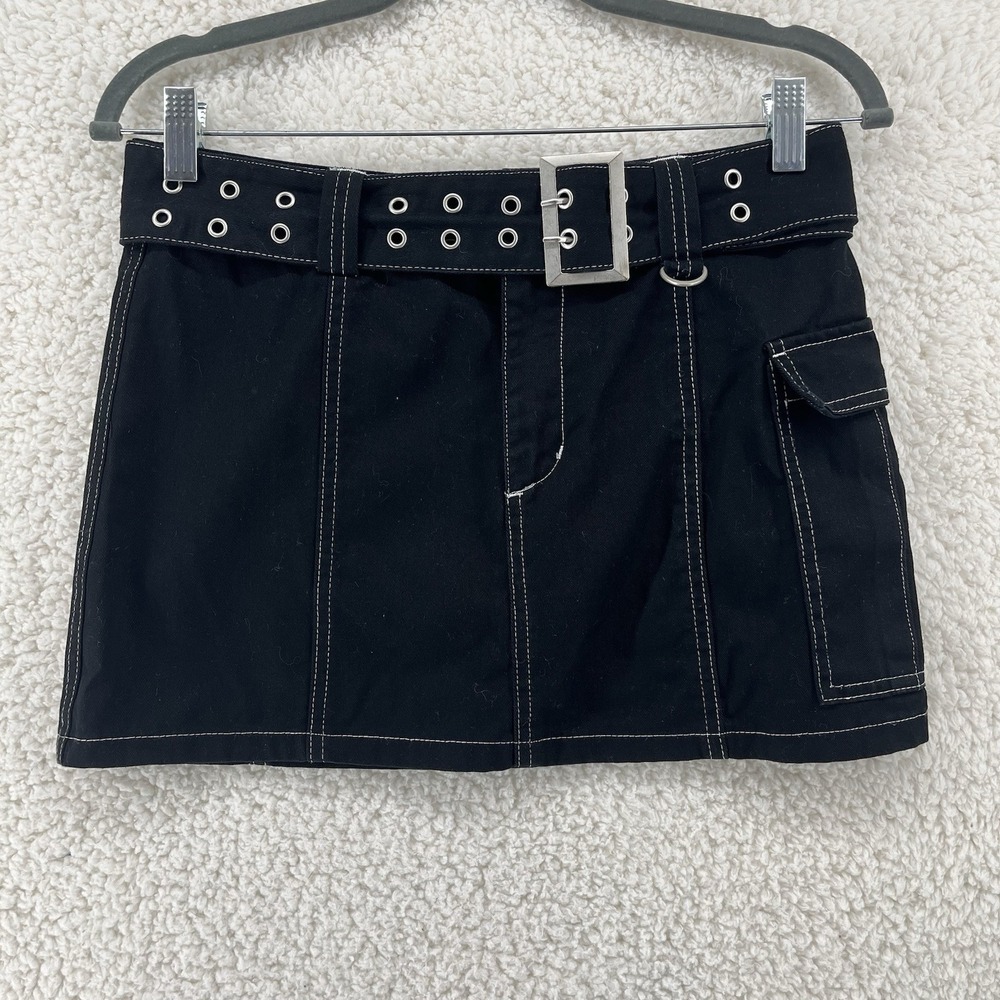 Forever 21 Black‎ Cargo Mini Skirt Belted Y2K Alt Grunge Sz S Goth Emo
